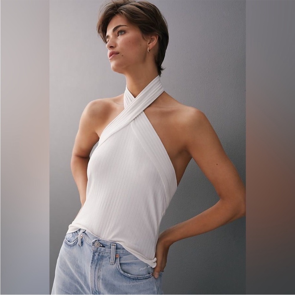 Anthropologie White Ribbed Halter Tank Top